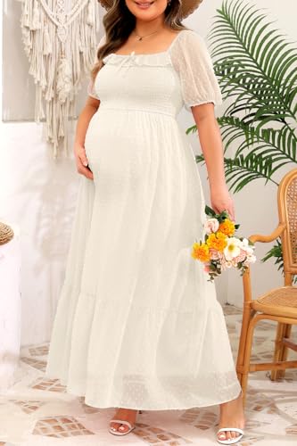 Image of Plus Size Summer Dresses - Swiss Dot Smocked Square Neck Puff Sleeve Boho Maternity Maxi Dress for Baby Shower Wedding Guest