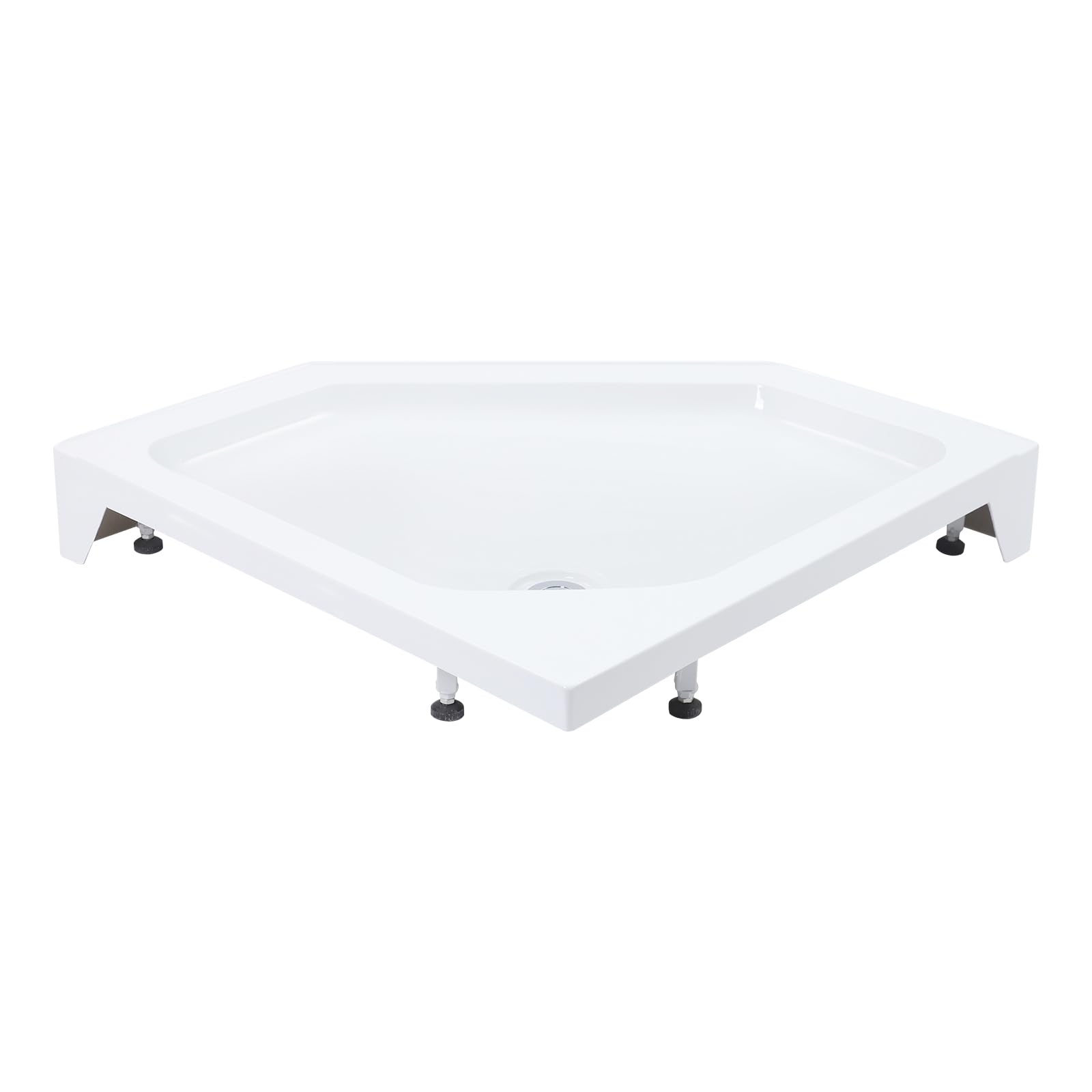 Plato de ducha de esquina acrílico, 80 x 80 cm, 260 kg, extraplano, 14 cm | Superficie antideslizante, desagüe empotrado, 7 patas ajustables en altura, montaje en superficie