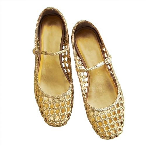 Woven Mesh Ballet Flats for Women with Metal Buckle Strap Ballerina Flat Shoes Comfortable Round Toe Mary Jane Flat.
