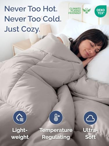 Image of Queen Size, Light Gray Alternative Down Comforter - Warm, Lightweight & Breathable Hotel Quality Bedding for Men, Women, Kids & Teens - All Season Oversized Cooling Microfiber Duvet Insert Comforter