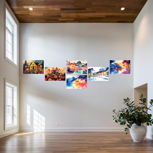 Image of SiddArtify Watercolor Landscape Wall Art Prints Set - Colorful House Poster Decor for Living Room Bedroom Office - 12x18 inch Board Pack of 6