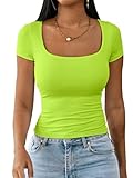 Dwnval Womens Summer Sexy Square Neck Tops Double Lined Short Sleeve Shirts Slim Fit Crop Top(Neon Green, S)