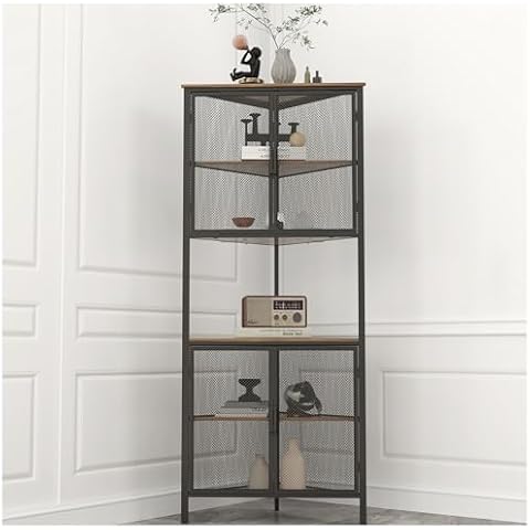HavenlyYouth 6 Tier Corner Shelf, 66.4” Tall Corner Cabinet with Metal Mesh Door, Shelf Organizer Display Rack Bookshelf for Wall Corner, Small Space, Bedroom, Living Room, Kitchen, Bathroom Rustic Cover