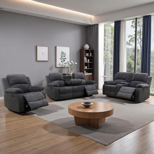 Caberryne Leather Recliner Sofa Set - 3 Pieces, Dark Gray