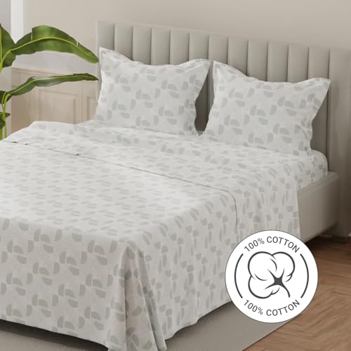 Image of Layers 100% Cotton Bedsheet for King Size Bed | Lumina Floret Collection | 144 TC Soft & Breathable | Printed with 2 Pillow Covers | Wrinkle Free & Colorfast | 3 Piece Bedding Set - Grey & White