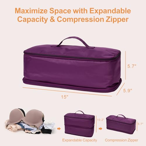 Cambond Travel Underwear Organizer Bag - 4-in-1 Lightweight Double Layer Bra Underwear Travel Bag Organizer, Portable Expandable Compression Packing Organizer Bra Bag Travel Packing Cubes, Purple - Thumbnail 6