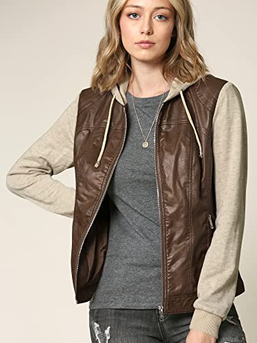 Lock and Love LL WJC1347 Womens Faux Leather Zip Up Moto Biker Jacket with Hoodie XS COFFEE_OATMEAL