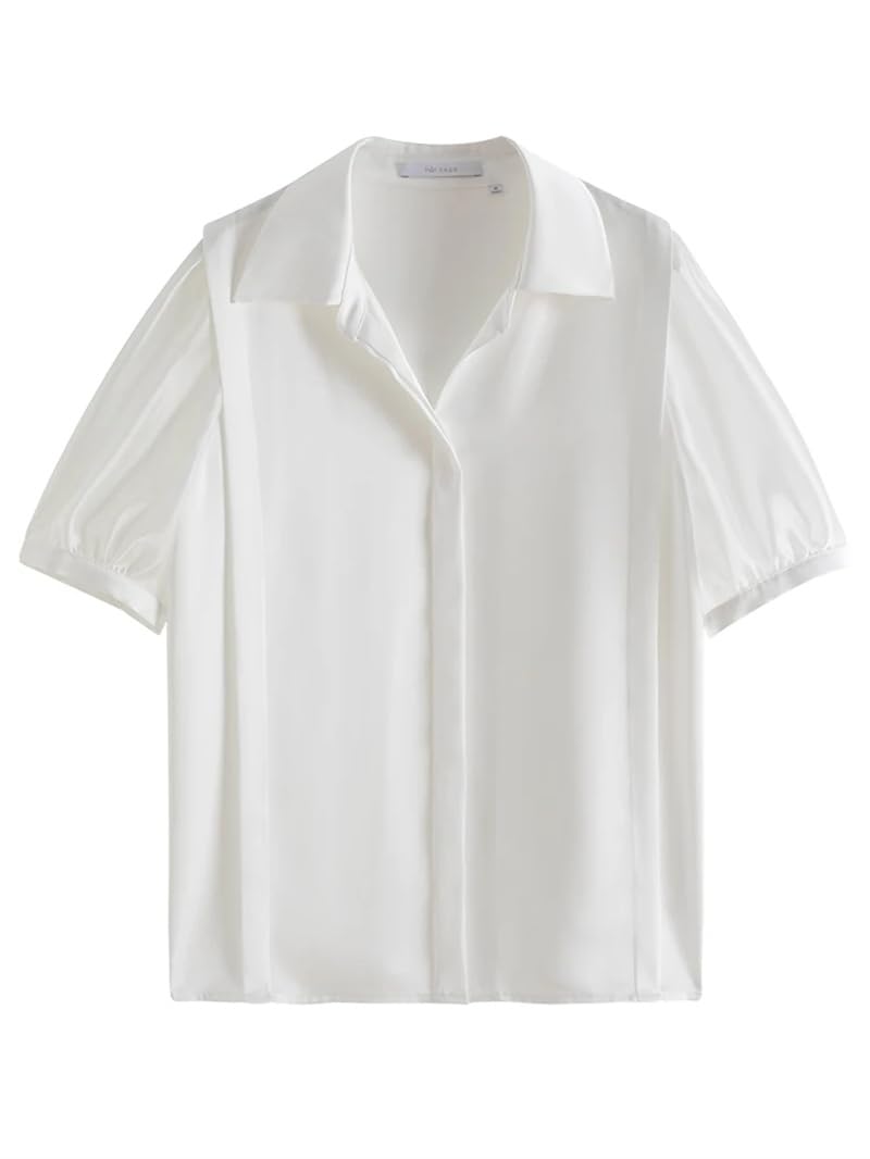 Chemise en mousseline de soie à col en V pour femme - Manches courtes - Solide et ample