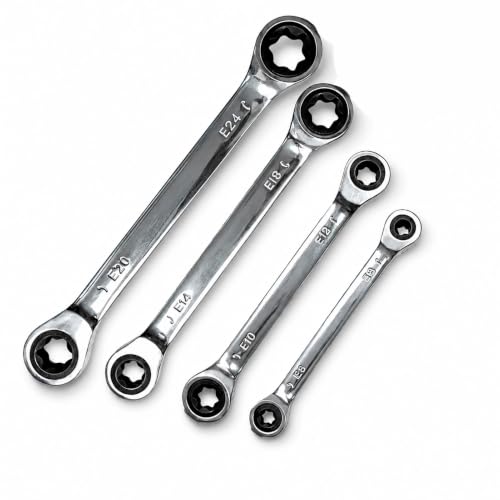 YKFLEXT E-Torx Double Box Ratcheting Wrench Set 4 Sets 72-Tooth Dual Head E6 E8 E10 E12 E14 E18 E20 and E24 Professional Automotive & Mechanical Repair (Ratcheting)