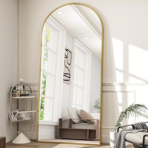 Image of Arch Top Full-Length Mirror | Floor Standing or Wall Mounted | Minimalist Design in Gold, Black & Silver | Oversized Mirror for Bedroom & Entryway (Gold, 170x70 cm)
