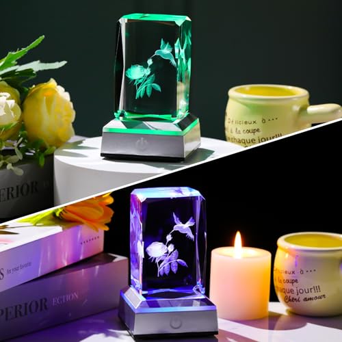 Image of Ornalrist Rose Hummingbird Gifts for Women Crystal 3D Engraved with LED Light Base, Rose and Hummingbird Figurines Rose Gifts Hummingbird Decor for Home Office
