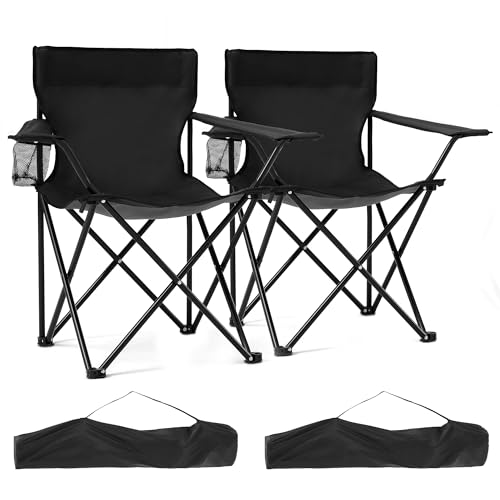 Canpsky 2 Pack Lightweight Portable Camping Chairs Folding Lawn Chair Outdoor Beach Chair with Cup Holder & Carry Bag for Outside Sports, Fishing, Hiking, Travel, Picnic, Backyard（Black）