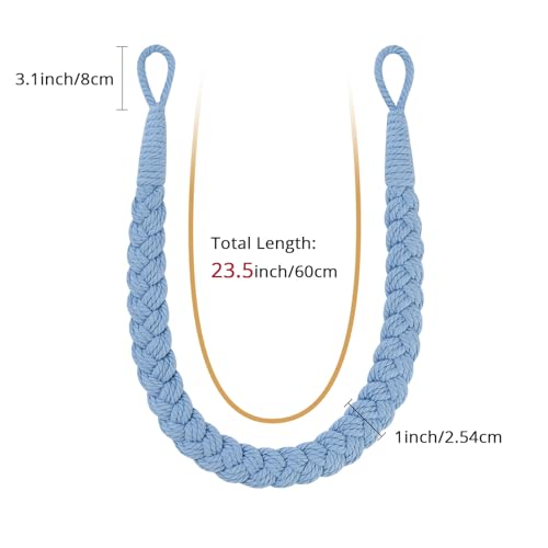 Pretty Jolly 2 Pack Natural Cotton Rope Curtain Tiebacks Elegant Boho Style Decorative Drape Tie Backs Soft Hand-Woven Rope Curtain Holdbacks with Metal Hook for Home & Office Drapery (Light Blue) - Image 3