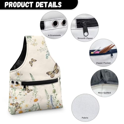 Image of ZUXONGSY Daisy Knitting Crochet Tote Bag Butterfly Knitting Yarn Storage Bag Organizer Lightweight Vintage Yarn Handbag with Holes for Crochet