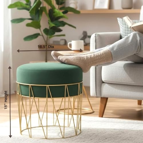 Image of Premium Gold Metal Ottoman Pouffe Stool & Footrest for Living Room & Bedroom | Bottle Green Soft & Classy Mosha Fabric with Linear Frame | 18 inch Height | Luxury Multipurpose Furniture & Home Decor