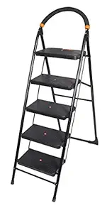 CIPLAPLAST 5 Step Ladder For Home Use | Alloy Steel Ladder with Wide Steps | Foldable with 5 Slip-Resistant Steps | Durable, Heavy Duty, Anti-Skid Steel Ladder | Guard Rail for Safety (5 Steps Milano, Black)