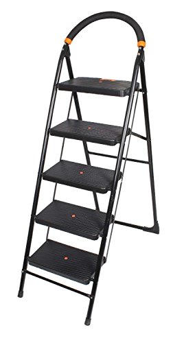 Image of CIPLA PLAST 5 Step Ladder for Home Use | Alloy Steel Ladder with Wide Steps | Foldable with 5 Slip-Resistant Steps | Durable, Heavy Duty, Anti-Skid Steel Ladder (5 Steps Milano, Black)