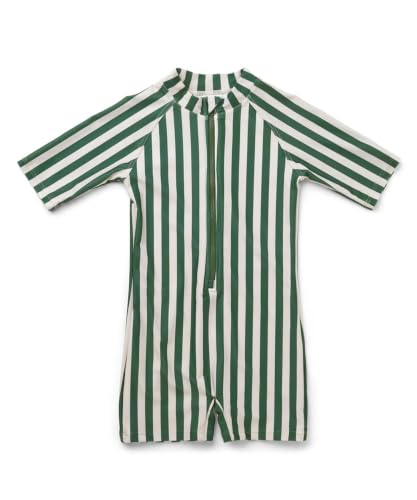Image of Toddler Boys One Piece Bathing Suit Zipper Short Sleeve Rash Guard Swimwear Quick Dry Green Stripe Swimsuit