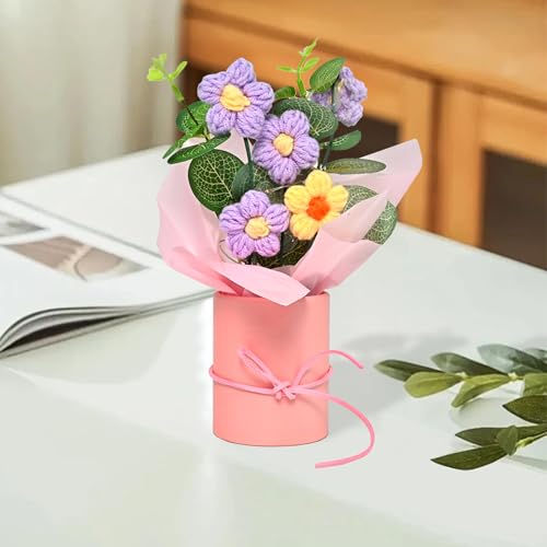 Image of Cortina Handmade Crochet Artificial Flowers with Light | Aesthetic Room Decor, Living & Bedroom Decor | Artificial Flower Wall Decor | Great for Gifting - Pink and Purple - 8.12x6.35x19.8 CM