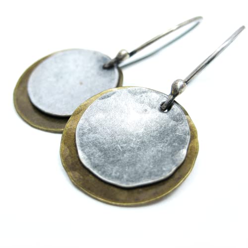 Mixed-Metal-Antiqued-Brass-Sterling-Silver-Earrings-Small-Upcycled-Hammered-Silver-Dangle-Earrings-Rustic-Minimalist-Round-Circle-Boho-Jewelry-Gift