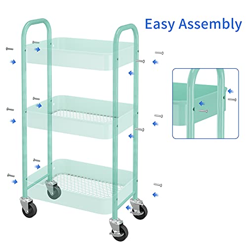 Simple Trending 3-Tier Metal Rolling Storage Cart, Utility Organizer Cart Storage Shelves On 2 Lockable Wheels For Kitchen Bathroom, Turquoise #TOP3