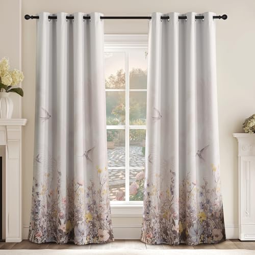 NICETOWN Pastel Floral Blackout Curtains 84 Inch Length, Tropical Wildflowers & Birds Print, Grommet Rustic Thermal Insulated Botanical Curtains for Bedroom Living Room, 2 Panels, 52W x 84L