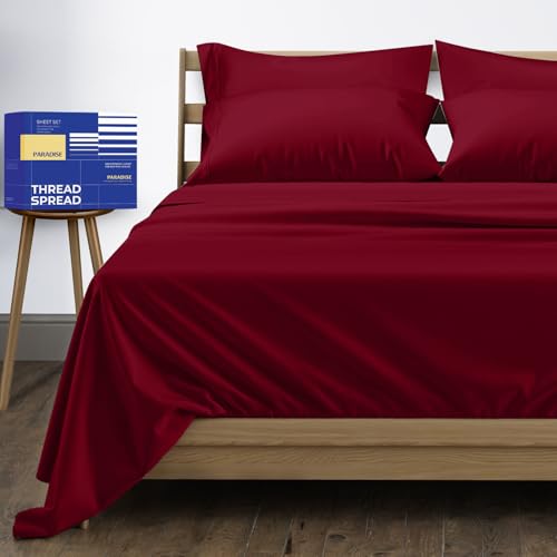 Image of THREAD SPREAD Egyptian Cotton Sheets Queen Size - 1000 Series High Thread Count Cotton Queen Sheet Set (6 PC, Burgundy), 16 inch Snug Fit Deep Pocket, Cooling, Sateen Weave, Ultra-Soft Hotel Luxury Sheets