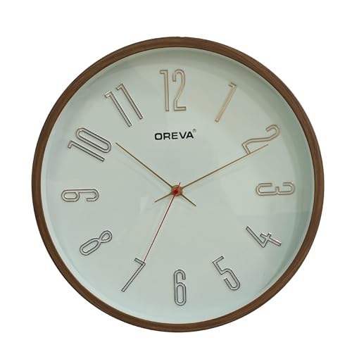 Image of OREVA 14 Inch Round Fancy Embossed Number Dial Contemporary Stylish Quartz Clocks Modern Analog Silent Wall Clock for Living Room Bedroom Home Decor Office AQ-9477SS (D Wood)