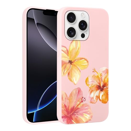 lioscre Cute Hibiscus Flower Phone Case for iPhone 16 Pro Case 6.3", Aesthetic Trendy Floral Pattern Design Shockproof Anti-Scratch Soft Slim Flexible Silicone Pink Funda Cover for Women Girls