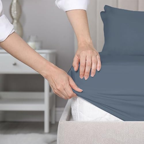 Image of SleepyCat Fitted Bedsheet Set 100% Cotton 200TC Percale Combed Yarn with a Durable Elastic and Corner Stitch Oeko-TEX & AZO Free with 2 Standard Size Pillow Cases (King Size 72x72) Twilight Blue