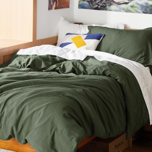 Image of Bedsure Prewashed Twin Duvet Cover, Cotton-Like Bedding Set, Olive Green | Ultra Soft, Relaxed Texture, Twin XL Breathable Comfort, Hidden Zipper, 8 Corner Ties, Easy Care, OEKO-TEX, Year-Round Use