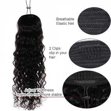 Human Hair Drawstring Ponytail Extension 10A Brazilian Virgin Hair Ponytail For Black Women Water Wave Ponytail Hairpiece With Clip In Binding Pony Tail Natural Black(26Inch) #TOP2