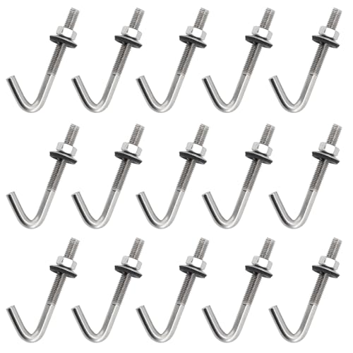 15 bulloni di ancoraggio per tegole M6 x 45 mm, gambo lungo, ganci a J, in acciaio inox 304, viti di ancoraggio per calcestruzzo con dado esagonale e rondella