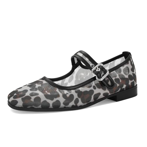 Image of DOEYG Mesh Ballet Flats Shoes for Women Leopard Animal Print Mary Jane Flats Shoes Square Toe Dress Casual Comfortable Velvet Ballerina Shoes