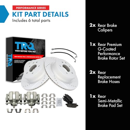 Image of TRQ Performance Rear Brake Pad and Rotor Set Semi Metallic Slotted Drilled G Coated Rotors Calipers Compatible with 2005 Infiniti G35 Nissan 350Z