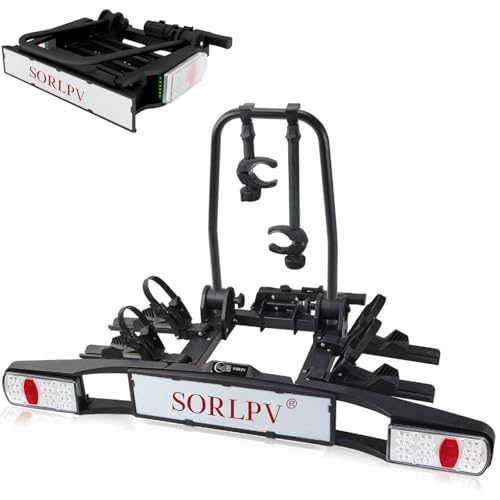 Sorlpv Portabicicletas para enganche de remolque, 2 bicicletas/bicicleta eléctrica, portabicicletas con luces traseras LED, plegable y bloqueable, carga útil máx. 60 kg