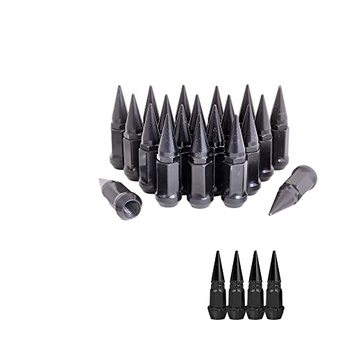 Image of 14mmx1.5 Wheel Spike Lug Nuts, Set of 20 Black M14x1.5, Cone /Conical Bulge Seat,Closed End Nuts Extended Spike Tuner Wheel Rim Lug Nuts Tire Screw Refit with Gift Set 4pcs Aluminum Tires Valve Stem