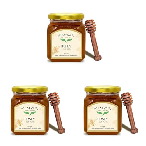 Image of Tatva Multi-Flora Honey | Raw, Pure & Unprocessed | Wild Forest Honey from Shivalik Hills | Unfiltered | Natural Alternative to Refined Sugar | Glass Jar with Wooden Dipper (Pack of 3)