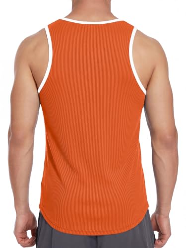 Crastimo Men's Ribbed Racerback Tank Top Stretchy Color Block Trim Slim Fit Sleeveless Shirt Workout Orange S — view 2