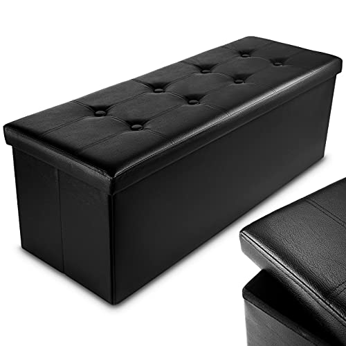 Nyxi Faux Leather 110 * 38 * 38cm Black Ottoman Foldable Storage Boxes Seat Foot Stool Storage Box with Lids for Kids Toys Bedroom Hallway Living Room