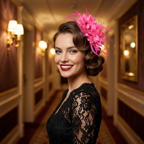 Image of DRESHOW Womens Fascinators Hats Tea Party Hats for Women Pearl Lace Feather Hat Vintage Derby Hats for Wedding Cocktail