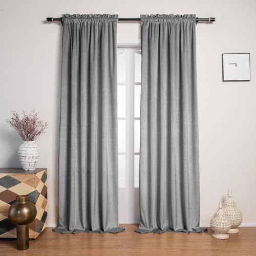 SMILETIME Grey Slubbed Velvet Curtains 52x108inch Rod Pocket Luxurious Thermal Insulated Soundproof...