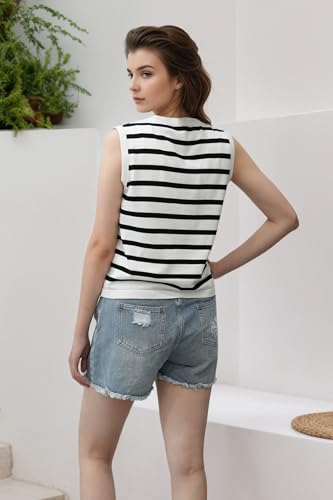 Image of Women's Striped Sweater Vest V-Neck, Fall 2025 Lightweight Cotton 100%, Vintage Button Cardigan Style Layering Staple for Turtlenecks & Jeans 18 White L