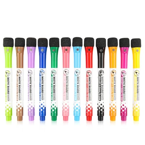 JAKZI 12 Colors Dry Erase Markers Fine Tip - Magnetic Whiteboard Markers with Eraser Cap Low Odor Erasable Markers for Kids & Teachers Home Office Classroom - 1-2mm Fine Point Multicolor