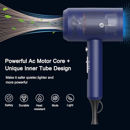 Image of Slopehill Professional Ionic Hair Dryer, Powerful 1800W Fast Drying Low Noise Blow Dryer with 2 Concentrator Nozzle 1 Diffuser Attachments for Home Salon Travel (Prussian Blue)