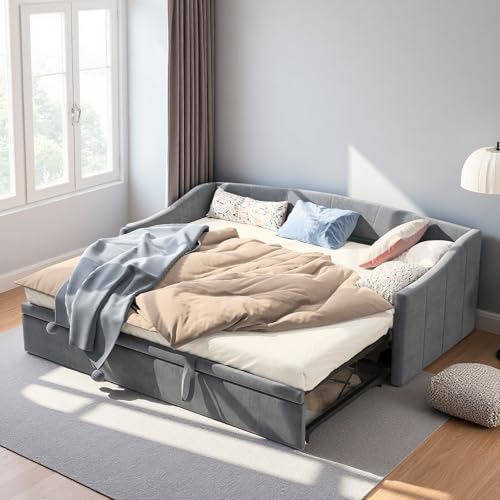 JiaOyu Multifunktionales Schlafsofa, ausziehbar 90/180 x 200 cm, Ausziehbar 2-Sitzer-Sofa mit Schlaffunktion & Lattenrost, samtbezogen, ideal für...