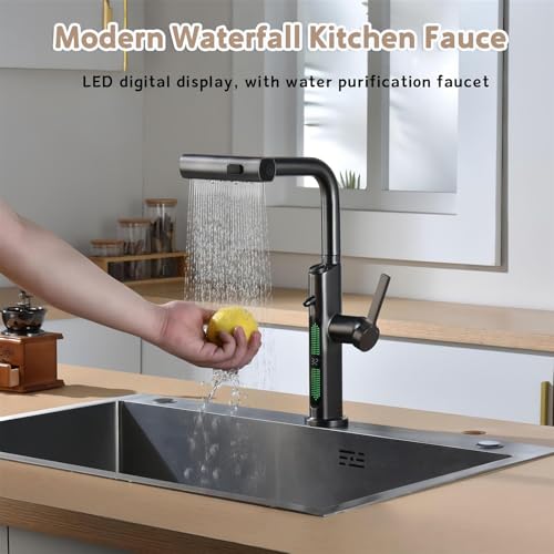 Robinet d'évier de cuisine extractible avec affichage numérique et mitigeur noir mat - 5