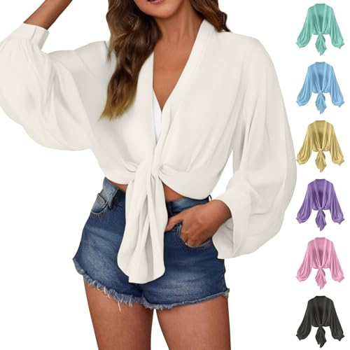 Bolero chiffong i stor storlek, kofta dam sommar lätt bolero rosett loungewear långärmad kappa ytterkläder kappor lös kofta strand bolero ledig bolero andningsbar blus, Färg: grön, XL