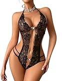 Avidlove Women Deep V Halter Lingerie Lace Babydoll Mini Bodysuit Black X-Large