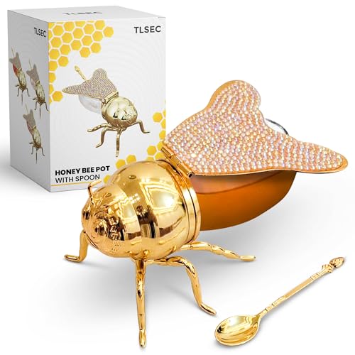 TLSEC Luxury Bee Shaped Honey Jar with Spoon, 4.7 oz Glass Honey Pot with Lid & Dipper, Decorative Honey Container for Kitchen, Unique Bee Gift Idea (White)
